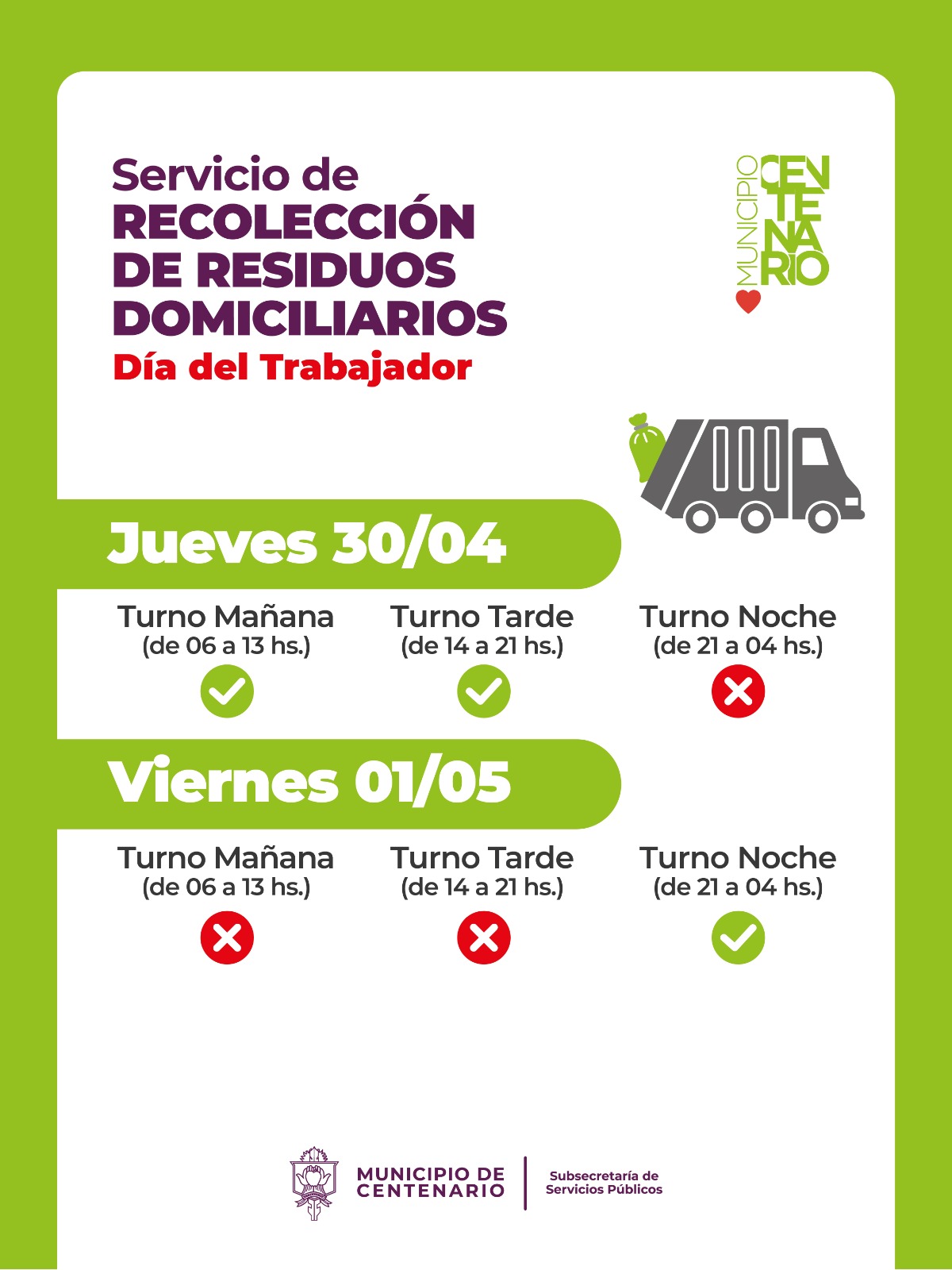 Imagen de DÍA DEL TRABAJADOR: CRONOGRAMA ESPECIAL PARA LA RECOLECCIÓN DE RESIDUOS DOMICILIARIOS