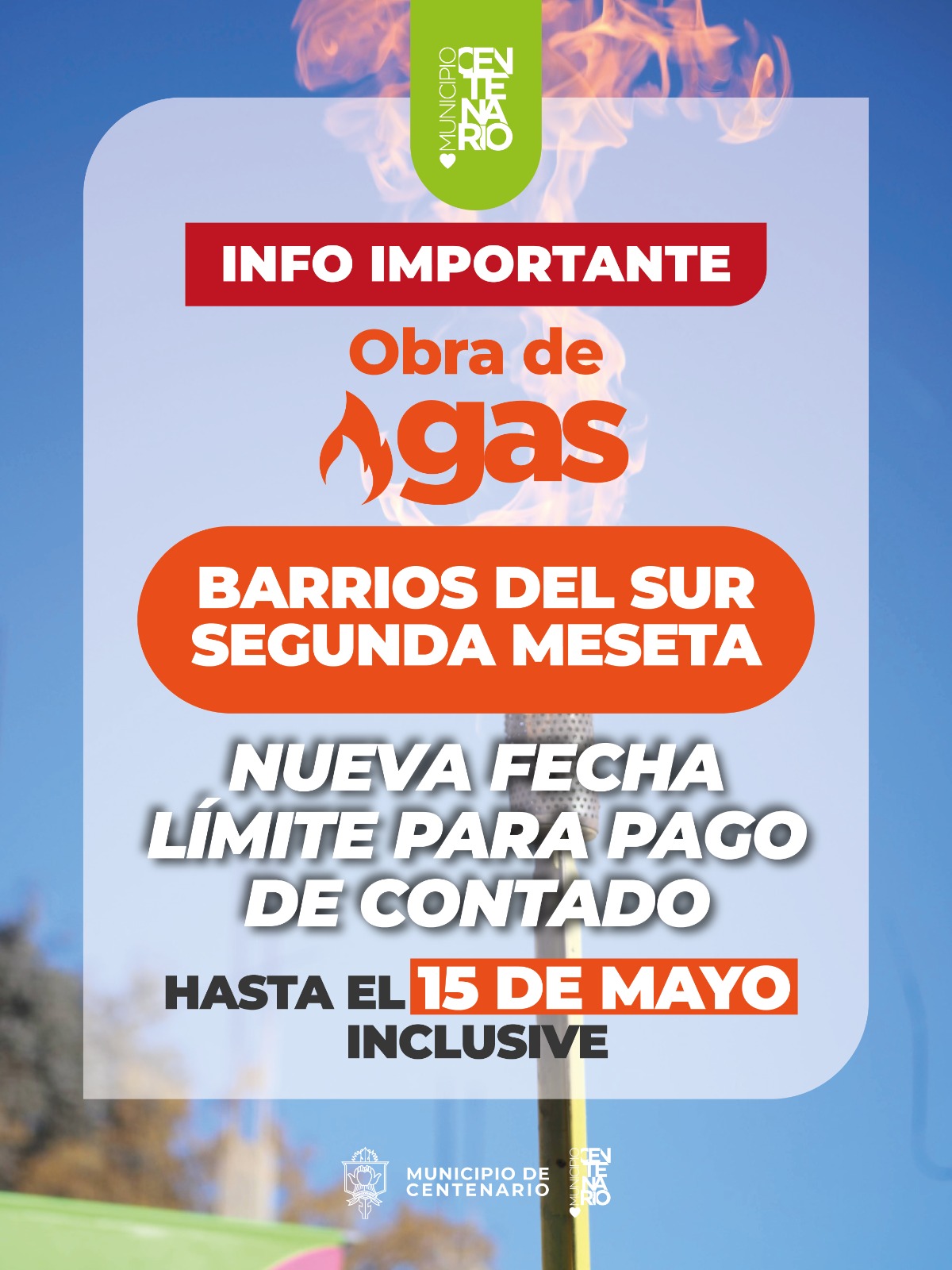Imagen de SE EXTIENDE EL PLAZO DE PAGO OBRA DE GAS BARRIOS DEL SUR Y 2° MESETA NUEVA FECHA LÍMITE PARA PAGO DE CONTADO: HASTA EL 15 DE MAYO INCLUSIVE