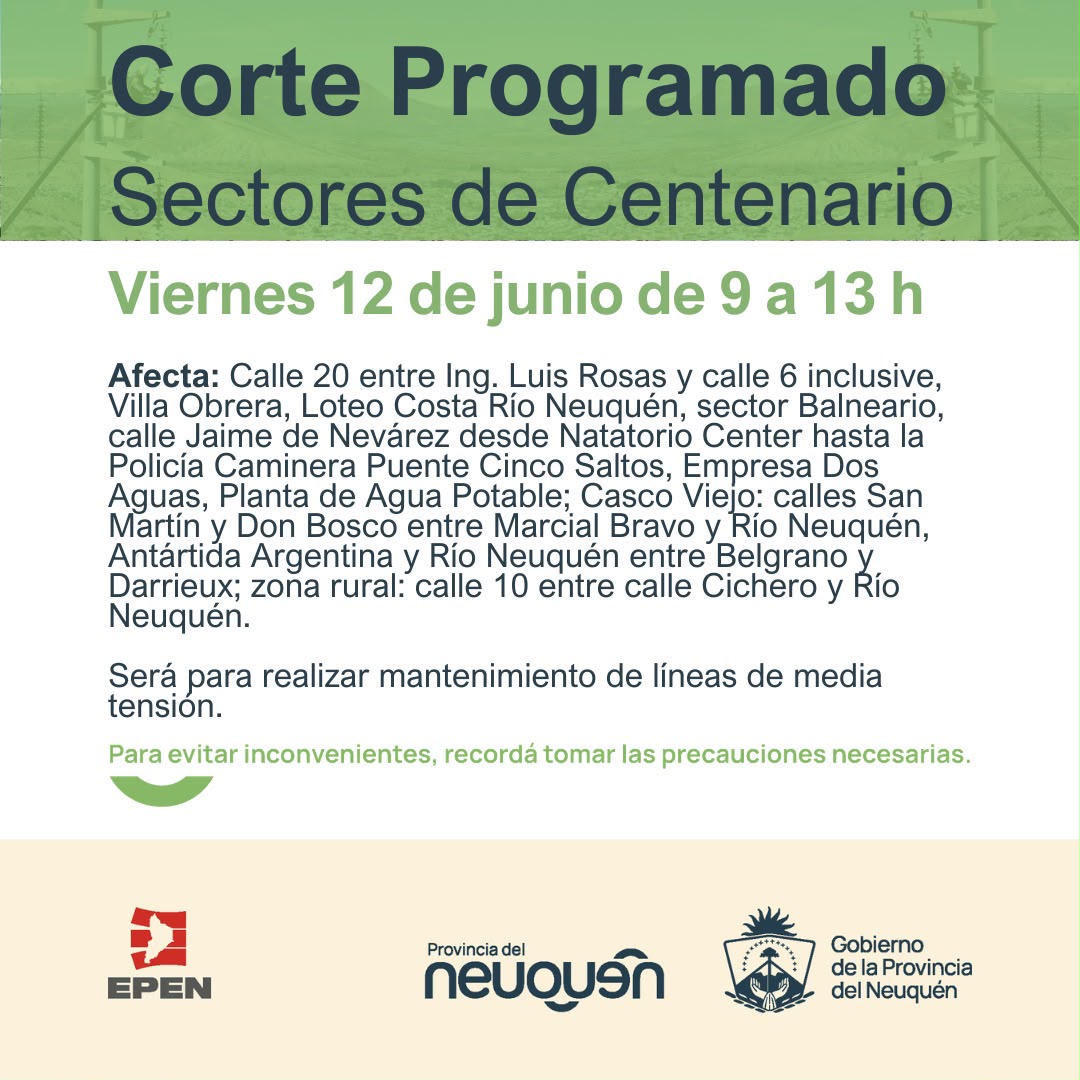 Imagen de POR UN CORTE PROGRAMADO DE ENERGÍA DEL EPEN, PODRÍA VERSE AFECTADO EL SERVICIO DE AGUA EN SECTORES ABASTECIDOS POR LA PLANTA DE VILLA OBRERA