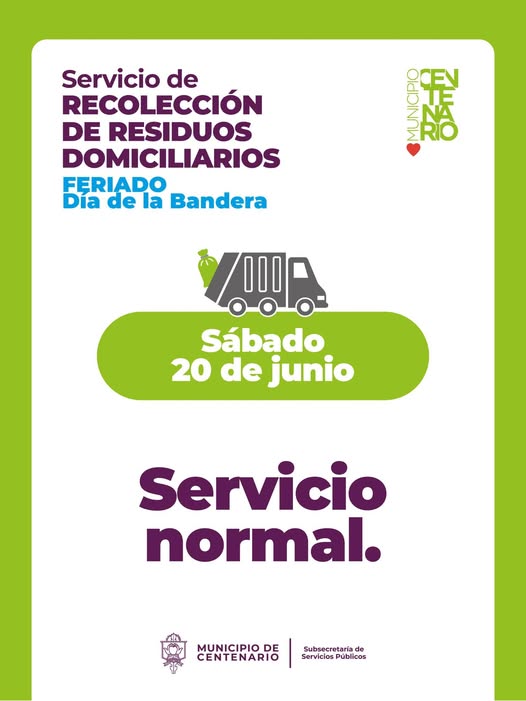 Imagen de EL SERVICIO DE RECOLECCIÓN DE RESIDUOS FUNCIONARÁ CON NORMALIDAD DURANTE EL FERIADO DEL DÍA DE LA BANDERA