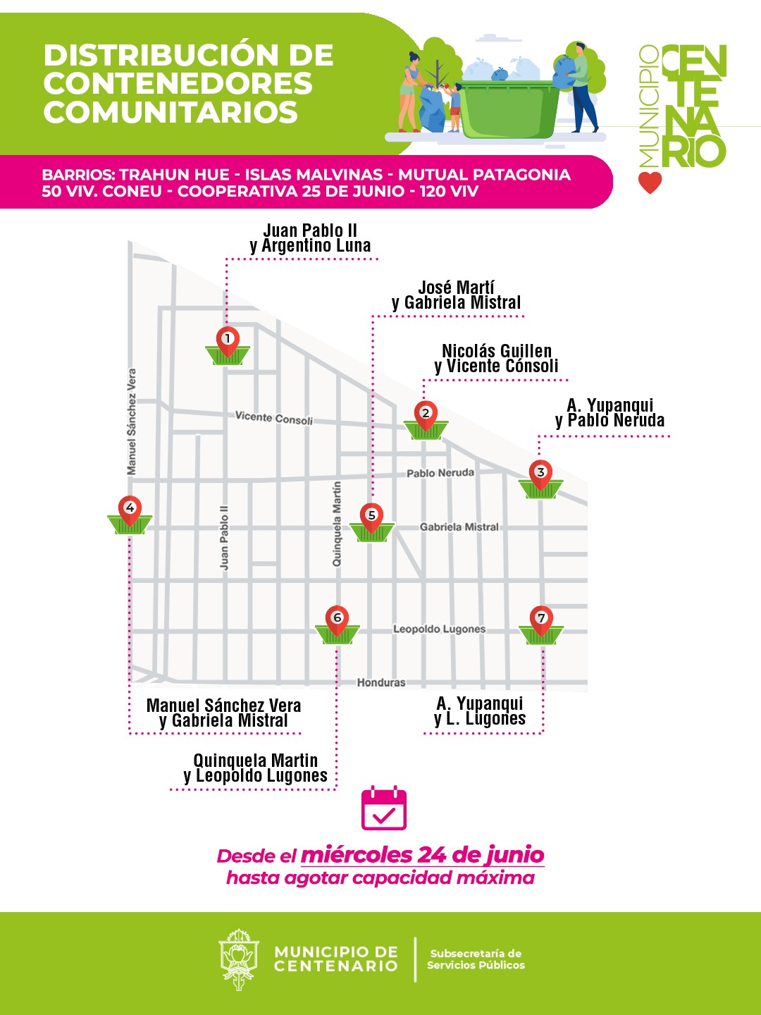 Imagen de MAÑANA EL MUNICIPIO INSTALARÁ LOS CONTENEDORES COMUNITARIOS EN LOS BARRIOS TRAHUN HUE, ISLAS MALVINAS, MUTUAL PATAGONIA, 50 VIV., CONEU COOPERATIVA 25 DE JUNIO Y 120 VIVIENDAS 