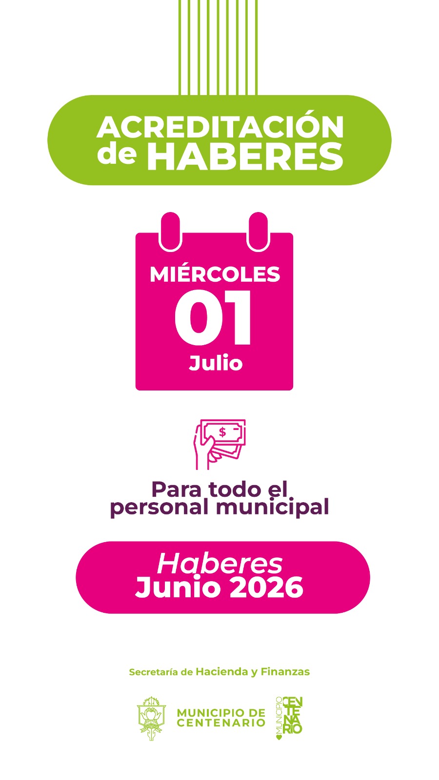 Imagen de LA MUNICIPALIDAD DE CENTENARIO ACREDITÓ LOS HABERES CORRESPONDIENTES AL MES DE JUNIO