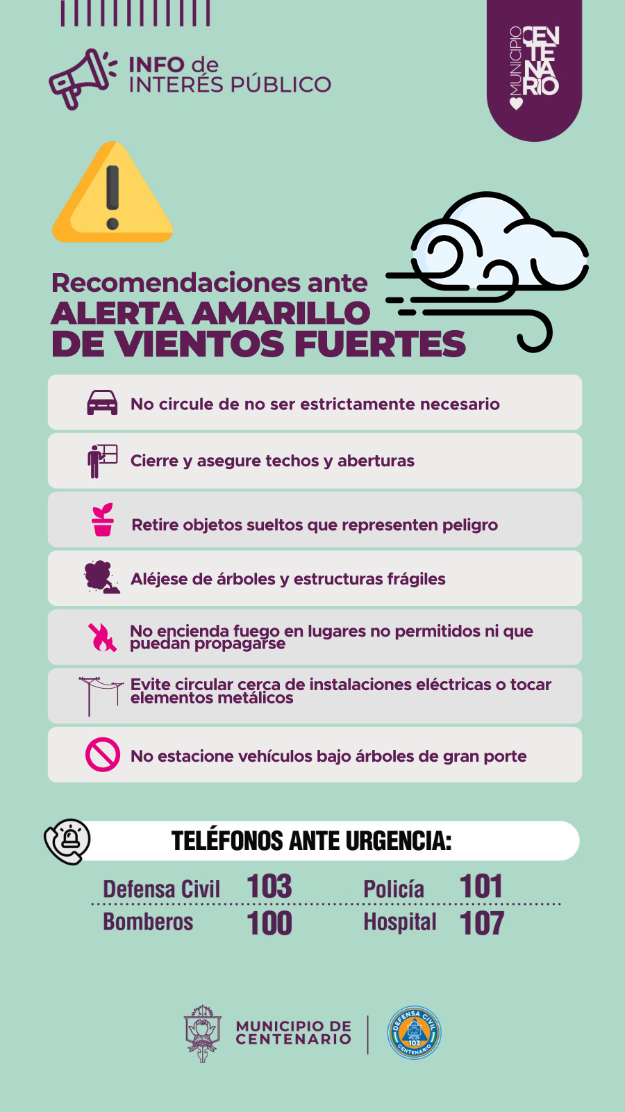 Imagen de ALERTA POR VIENTOS FUERTES: CENTENARIO RECUERDA LAS MEDIDAS DE PREVENCIÓN PARA CUIDAR A LA COMUNIDAD