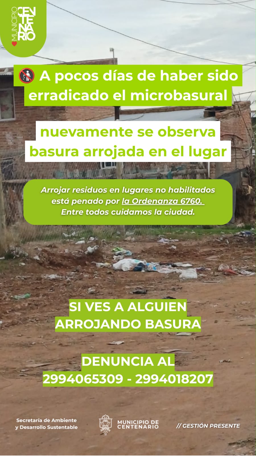 Imagen de EL MUNICIPIO ERRADICÓ UN MICROBASURAL Y PIDE LA COLABORACIÓN DE LOS VECINOS PARA EVITAR NUEVOS BASURALES
