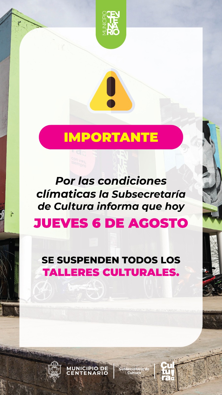 Imagen de POR LAS CONDICIONES CLIMÁTICAS, SE SUSPENDEN LOS TALLERES CULTURALES DE ESTE JUEVES