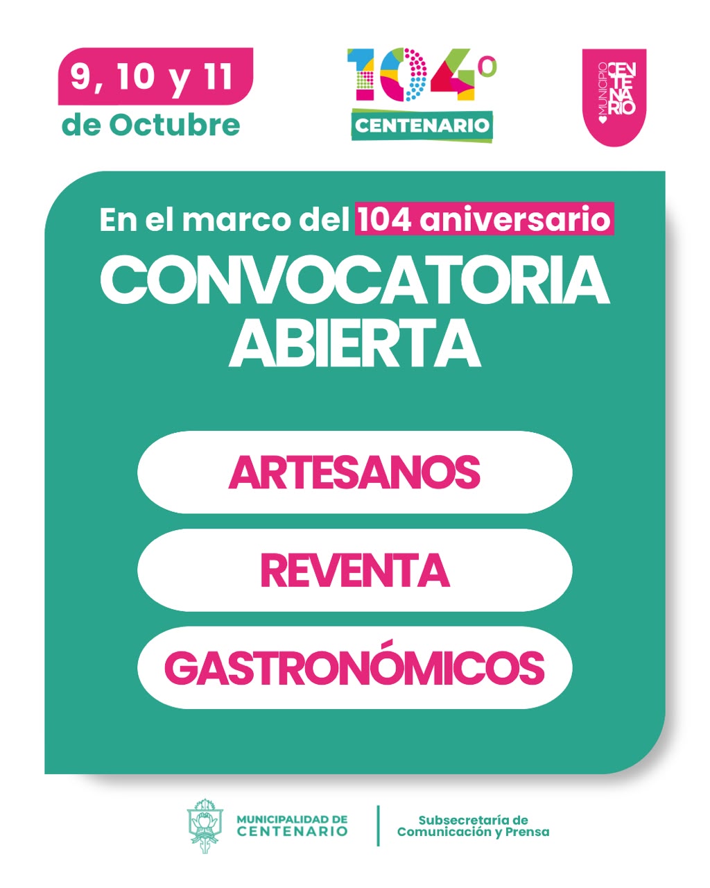 Imagen de CONVOCAN A ARTESANOS, REVENDEDORES Y GASTRONÓMICOS PARA PARTICIPAR DEL 104° ANIVERSARIO DE CENTENARIO